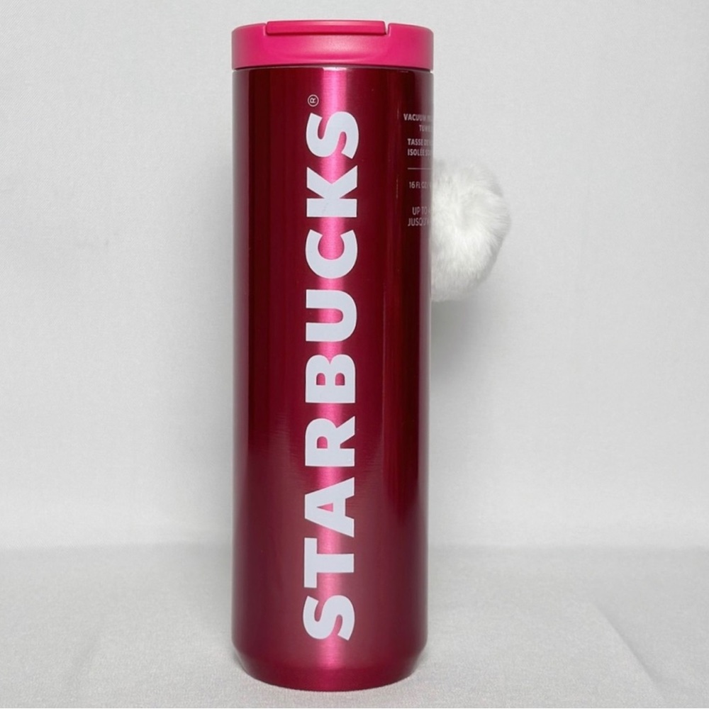 New Limited Edition Starbucks 16 Oz Tumbler Pink Puff Pom Ball